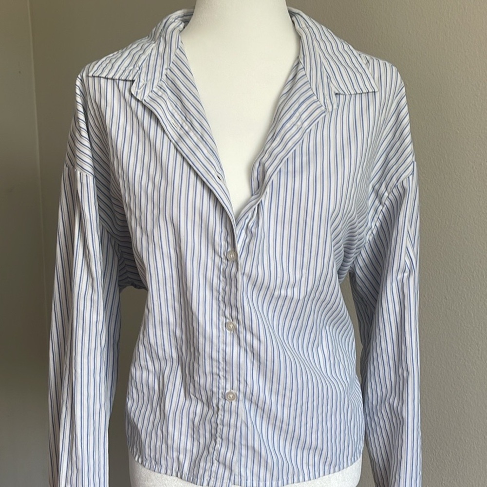 Banana Republic White and Blue Casual Cropped Button Down Shirt Size L